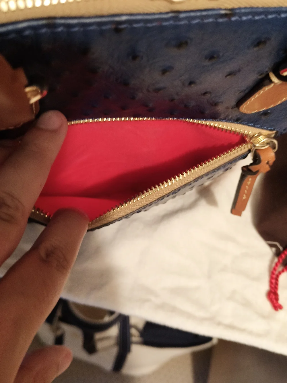 Dooney & Bourke Navy Ostrich-Embossed Satchel with Brown Trim